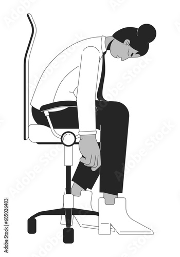Black female employee falling asleep on office chair black and white 2D line cartoon character. Woman dozing isolated vector outline person. Workplace fatigue monochromatic flat spot illustration