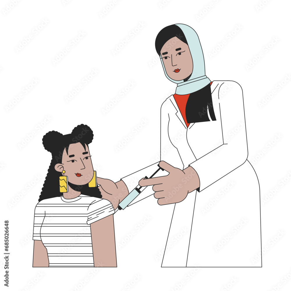 Latina student vaccination female doctor 2D linear cartoon characters. Muslim hijab medic procedure injecting isolated line vector people white background. Vaccine color flat spot illustration Latina student vaccination female doctor 2D linear cartoon characters. Muslim hijab medic procedure injecting isolated line vector people white background. Vaccine color flat spot illustration
