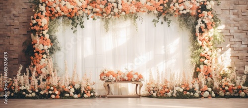 At the elegant wedding event, the interior design was adorned with beautiful white and pink roses, exuding a sense of luxury and beauty, while a stunning orange rose crown embodied the fashion-forward photo