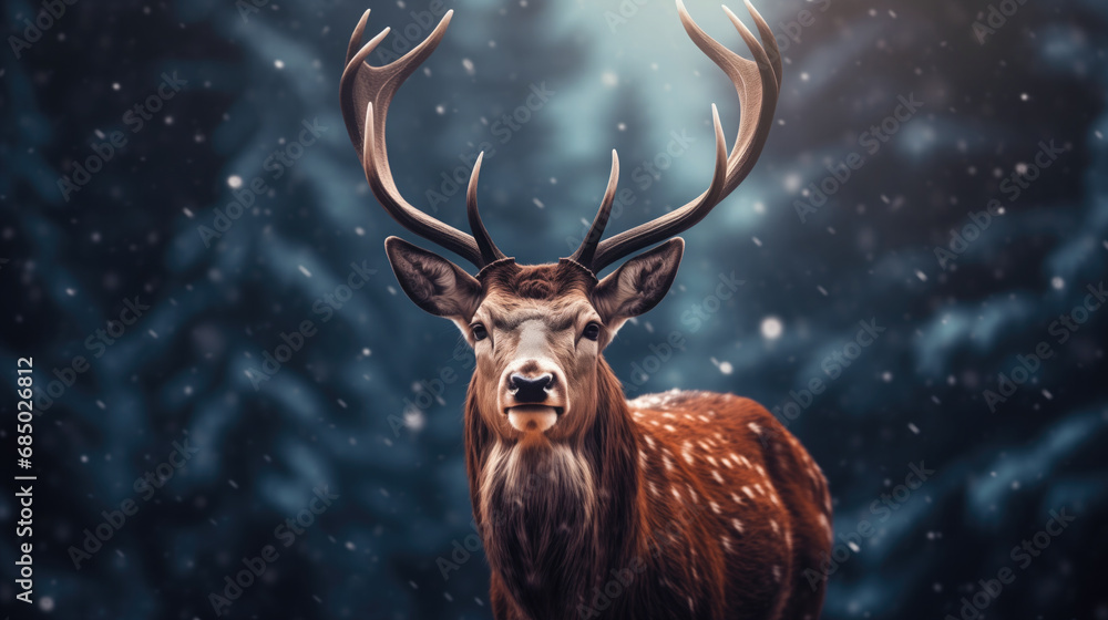 Noble deer in winter forest. Autumn scene with reindeer. Snowy winter christmas landscape Noble deer in winter forest. Autumn scene with reindeer. Snowy winter christmas landscape