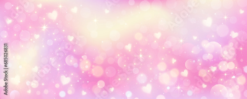 Pink background with hearts. Cute pastel unicorn wallpaper with stars and glitter. Dreamy fantasy gradient galaxy. Abstract vector template. Girly design for Valentine day backdrop.