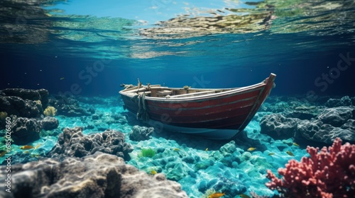 Traditional Boat Floating Over Coral Reef Underwater © Sariyono