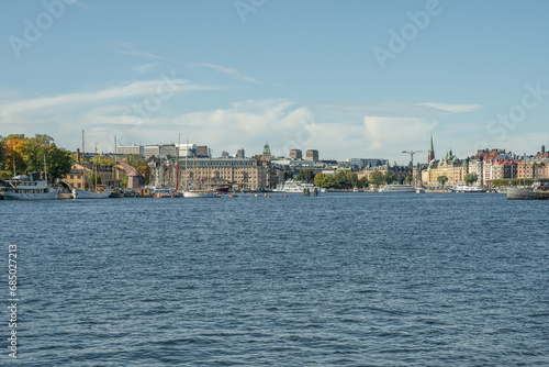 Scenic summer panorama of the Old Town Gamla Stan pier architecture in Stockholm, Sweden