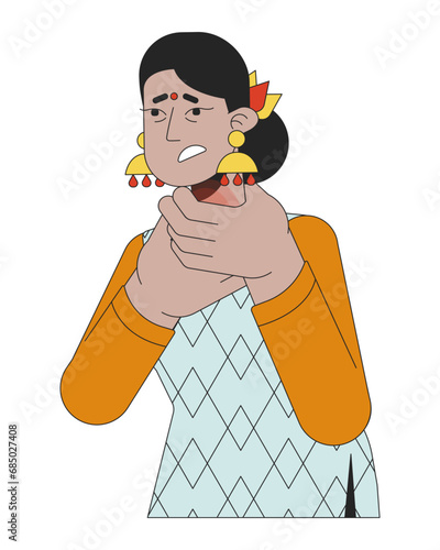 Adult indian woman throat feeling tight 2D linear cartoon character. Trouble swallowing hindu female isolated line vector person white background. Anaphylactic shock color flat spot illustration