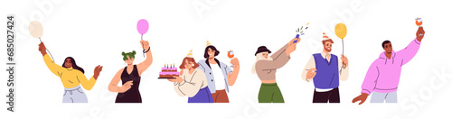 Happy characters celebrating birthday set. Smiling excited people, men and women holding baloons, party cake, festive cracker, wineglass in hand. Flat vector illustrations isolated on white background