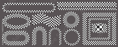 Checkerboard frames set. Circle and square patterns with black and white chess pattern.Y2k geometric shapes. Vector retro groovy illustration