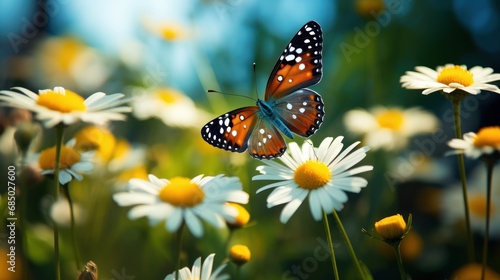 Butterfly on Daisy Flowers in Summer