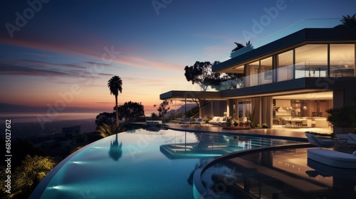 Luxurious House with Infinity Pool at Sunset © Sariyono