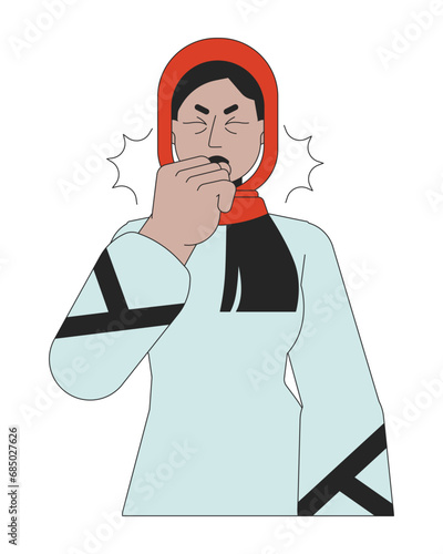 Muslim hijab woman asthma attack 2D linear cartoon character. Chronic dry coughing female middle eastern isolated line vector person white background. Wheezing symptom color flat spot illustration