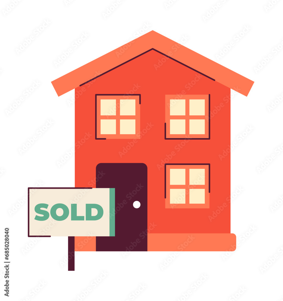 House sold real estate sign 2D illustration concept. New home bought. Purchased property isolated cartoon object, white background. Residential building auction metaphor abstract flat vector graphic House sold real estate sign 2D illustration concept. New home bought. Purchased property isolated cartoon object, white background. Residential building auction metaphor abstract flat vector graphic