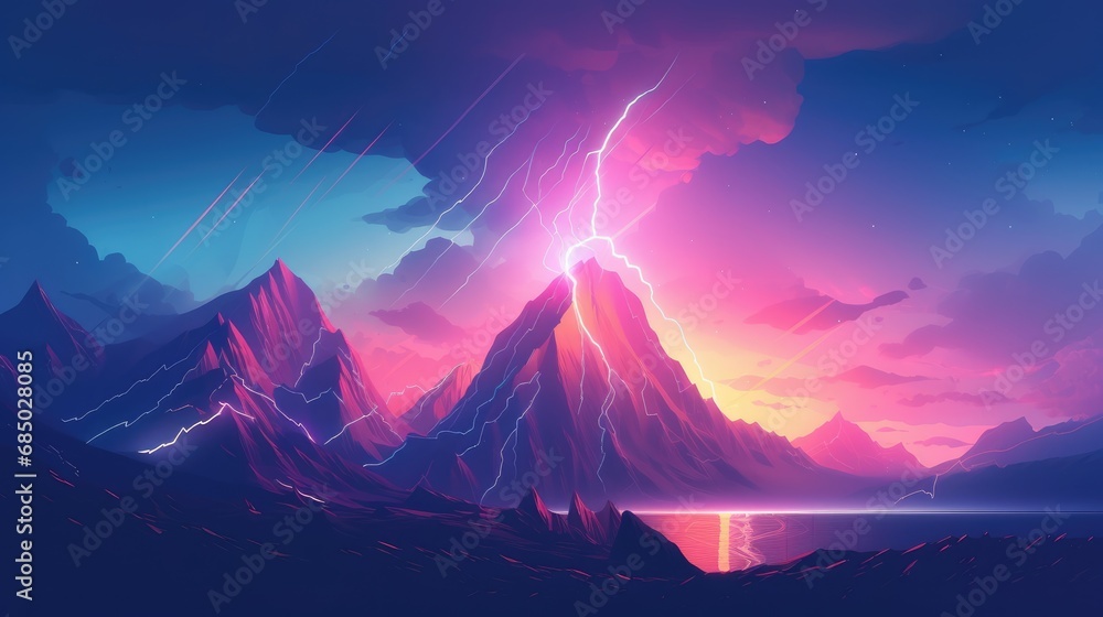 Fototapeta premium Starry night sky with a small town and mountains Thunder Spark illustration