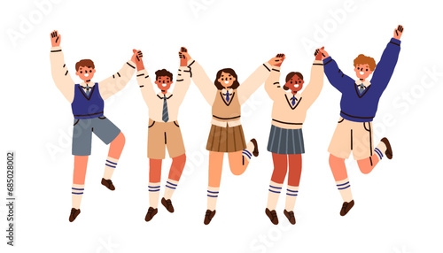 Happy excited school kids jumping. Children students rejoicing, holding hands. Joyful cheerful pupils team, girls and boys classmates. Flat graphic vector illustration isolated on white background