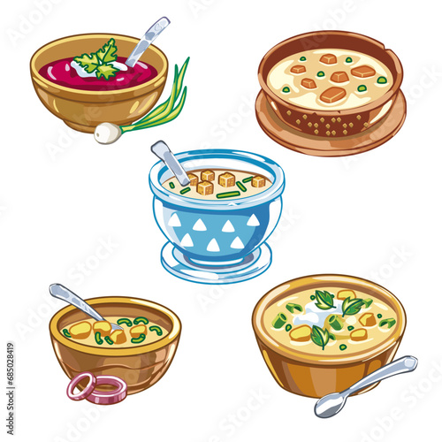 Vector set of bowls of soup.