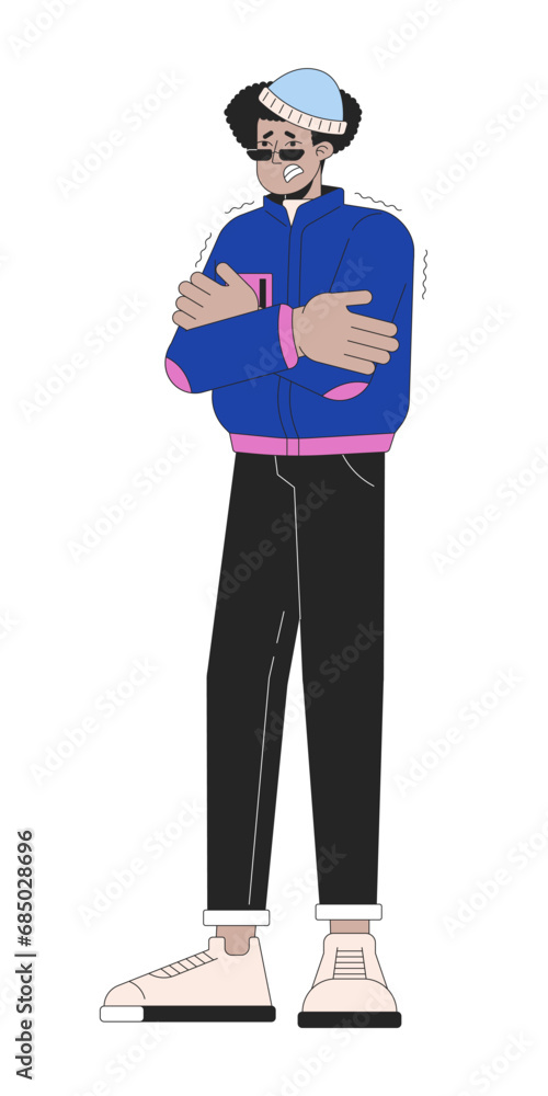 Shivering from cold weather line cartoon flat illustration. Latino man shaking uncontrollably 2D lineart character isolated on white background. Having chills in winter scene vector color image