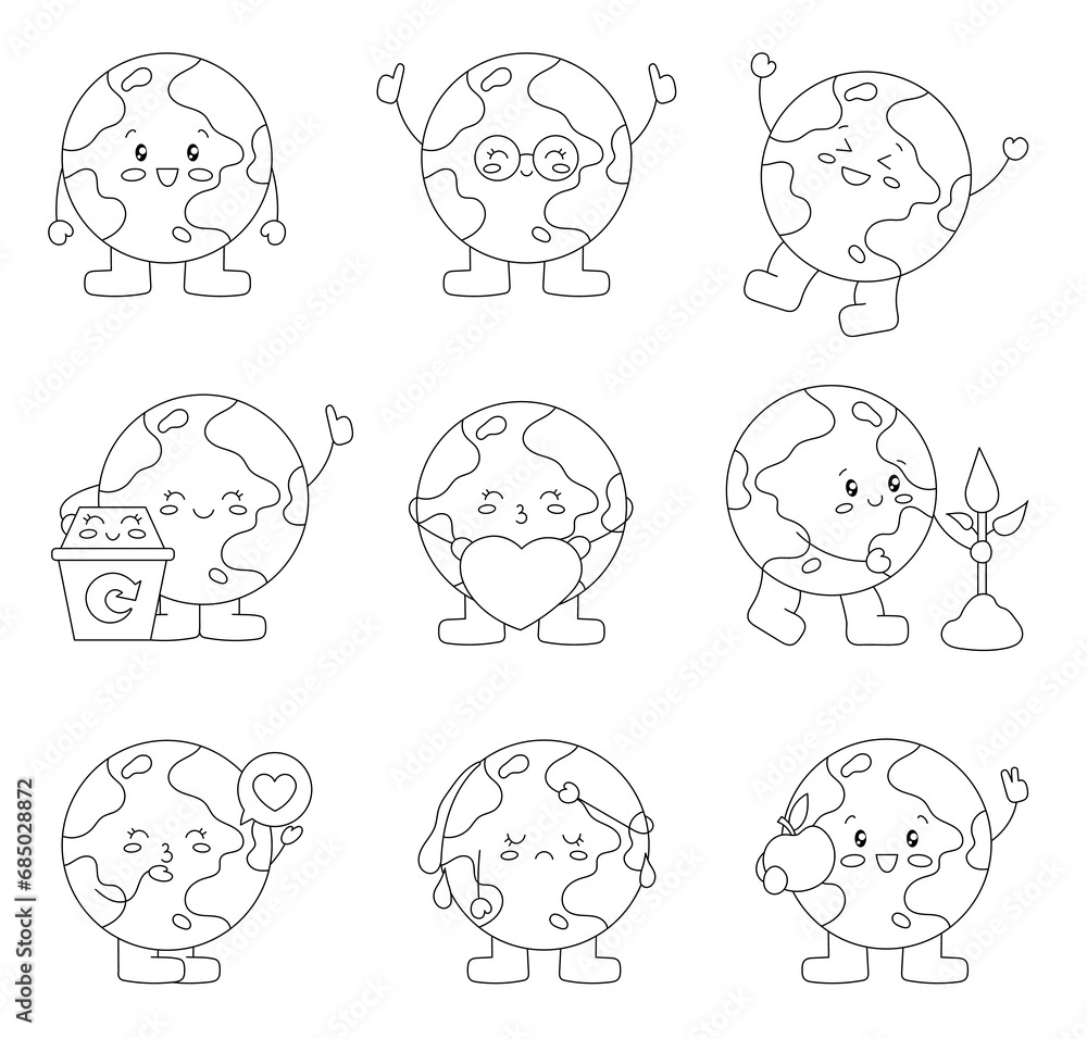 Funny Earth planet cartoon character. Coloring Page. Cute kawaii globe with different face expression. Hand drawn style. Vector drawing. Collection of design elements.