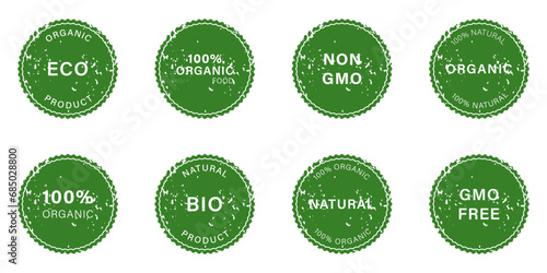 Natural Product Rubber Stamp Set. Gmo Free Grunge Label. Non Gmo Badge. Organic Vegan Eco Food Icons. Bio Healthy Cosmetic Dirty Sticker Collection. Isolated Vector Illustration