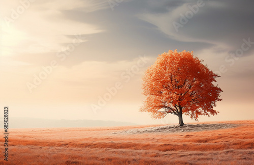 cloudy autumn landscape with a lonely yellowed oak tree in a field