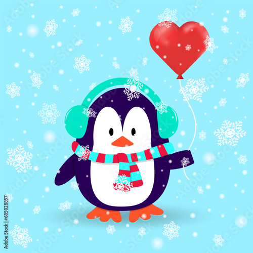 Penguin in wintertime with earmuffs, scarf and red heart balloons in his hand. Snowflakes falling down. Cartoon vector design. 