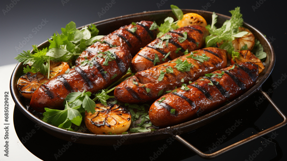 Grilled sausages in the bowl isolated over black background 