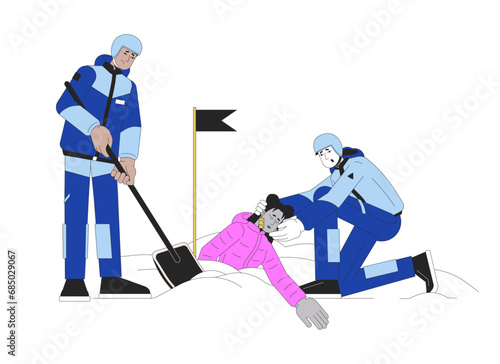 Avalanche rescue line cartoon flat illustration. Rescuers snow shoveling out victim buried in snow 2D lineart characters isolated on white background. Winter natural disaster scene vector color image
