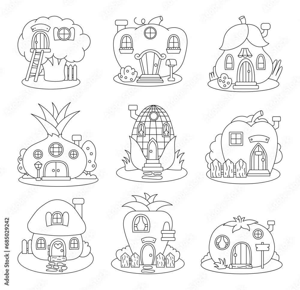Fairytale vegetables house. Coloring Page. Food with doors and windows. Fantasy home. Hand drawn style. Vector drawing. Collection of design elements.