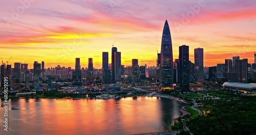Wallpaper Mural Aerial view of Shenzhen skyline and skyscrapers scenery at sunset, Guangdong Province, China. Famous city landmarks in Shenzhen. Torontodigital.ca