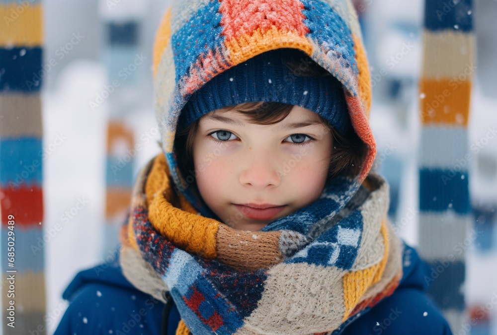 a boy with a blue scarf and a blue hat in snow colorful absurdism vintage aesthetics documentary travel a boy with a blue scarf and a blue hat in snow colorful absurdism vintage aesthetics documentary travel