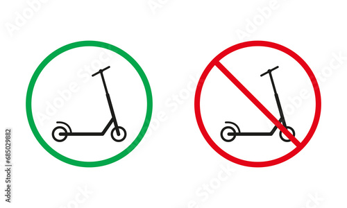 Kick Scooter Warning Sign Set. Push Scooter Allowed and Prohibit Silhouette Icons. Electric Scooter Red and Green Circle Symbol. Using Street City Eco Transport. Isolated Vector Illustration