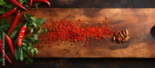 From a top view, a wooden cutting board displayed a vibrant red serrano pepper, sliced into thin pieces, releasing the spicy scent of capsaicin and paprika, adding heat to the dish with its fiery photo