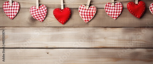 Valentine's day background with hearts and clothespins on wooden wall
