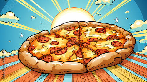 Pizza delivery. Tasty big pizza. Sicilian spicy pizza. Cartoon Flat illustration.