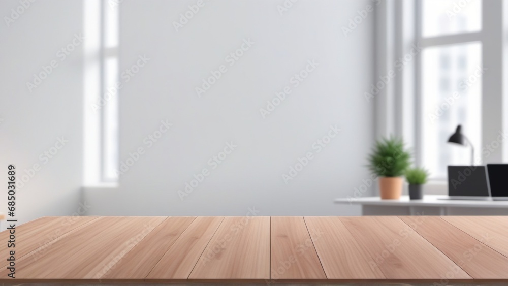 Empty wood table top and blurred bokeh office interior space banner background