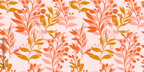 Artistic seamless pattern with abstract, modern, colorful leaves and branches. Vector hand drawn sketch leaf silhouettes. Template for textile, fashion, print, surface design, fabric