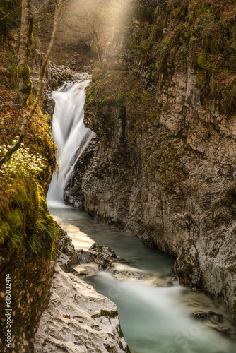 Arzino waterfall in the province of Udine. Silky water in long exposure  Italian waterfall.