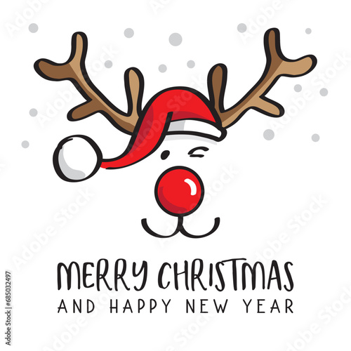 Cute Christmas Reindeer vector illustration. Greeting card with Merry Christmas and happy new Year writing. Antler and Christmas Cap. Isolated on white background.