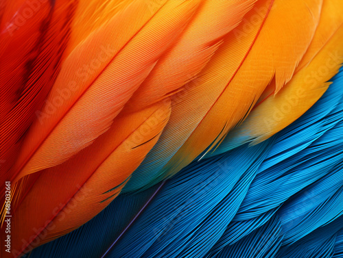 background texture of multi-colored rainbow feathers of a parrot close-up