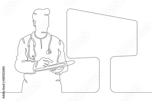 Doctor with a tablet. The surgeon looks at the big screen. Medical technologies. Doctor online. One continuous line drawing. Linear. Hand drawn, white background. One line.