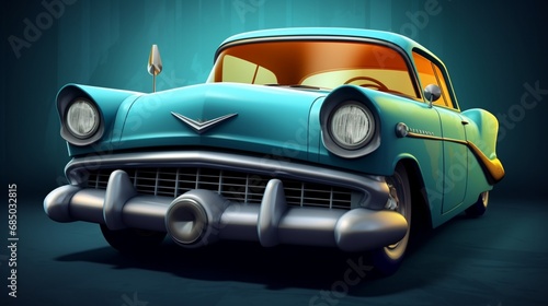 Create a caricature painting of a vintage 1950s car with exaggerated features.
