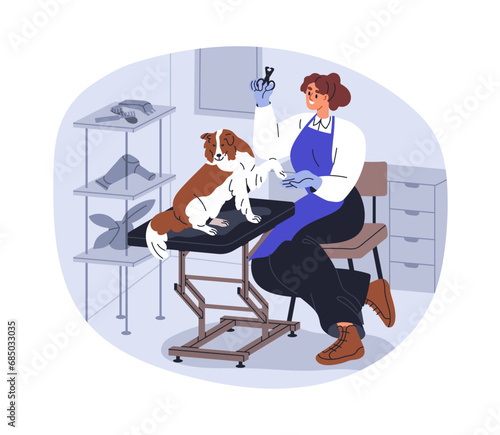 Pets groomer cutting, trimming canine claws at dogs beauty salon. Cute puppy ...