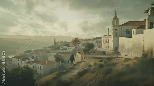time lapse above the beautiful catle and houses somewhere in Greece photo