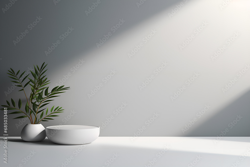 Empty tray and plant on white floor with copy space Empty tray and plant on white floor with copy space