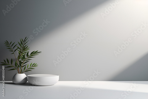 Empty tray and plant on white floor with copy space