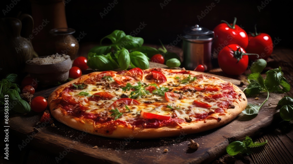 background red pizza food red illustration delicious tasty, cheesy crust, pepperoni toppings background red pizza food red