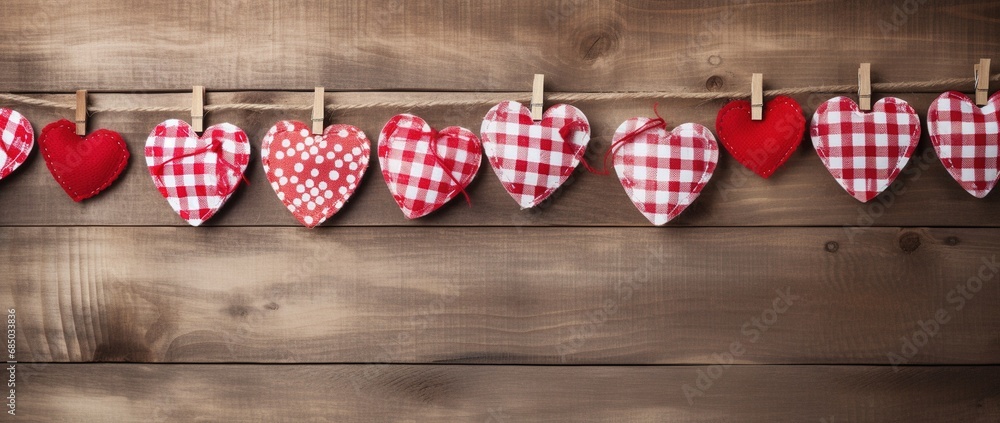 Fototapeta premium Hearts hanging on rope over wooden background. Valentines day background