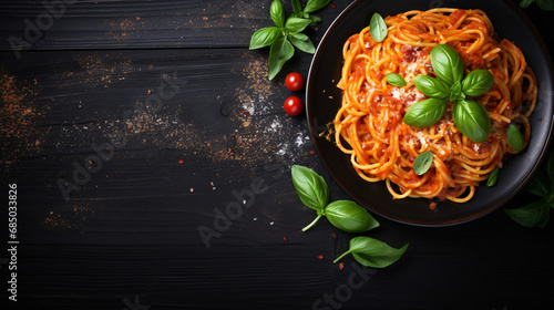 Italian pasta alla arrabiata with basil photo