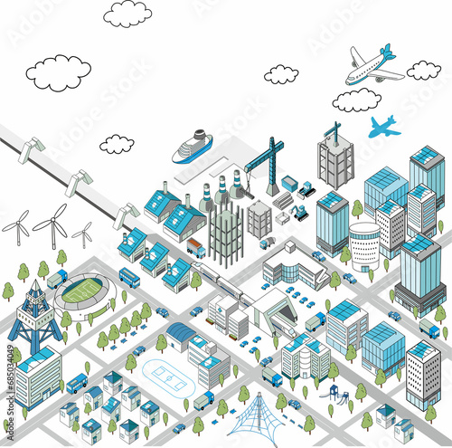 海沿いの街並みの俯瞰イラスト（開発の進むまち）