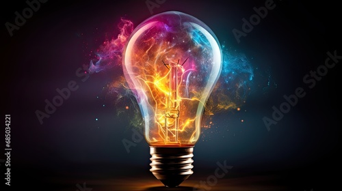 Light bulb explodes with colorful dust splashes and electric flame on dark background