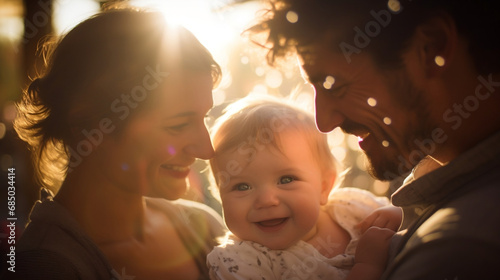 Happy family mom dad and baby playing on defocused bokeh flare park background