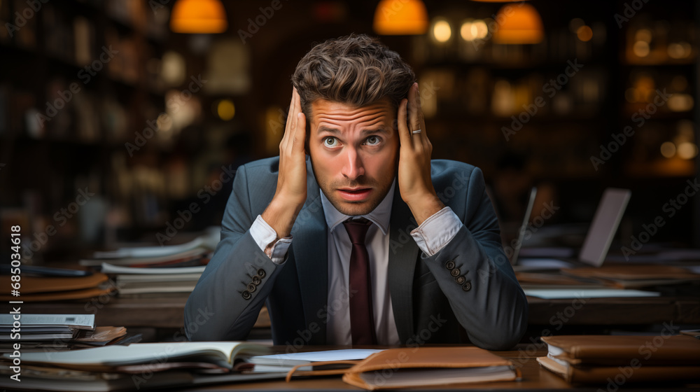 Stressed businessman sitting at a desk in a library and covering his ears with his hands