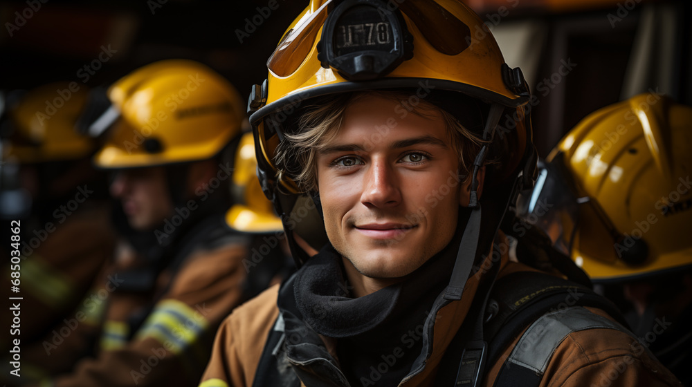 Portrait of a young fireman standing in a fire station. Portrait of a young fireman standing in a fire station.